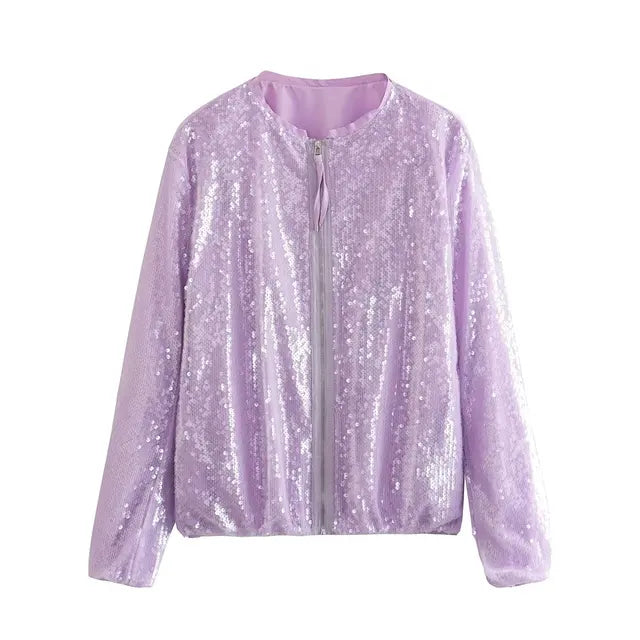 Women's shiny high street round neck jacket with zipper closure