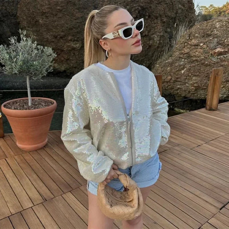 Women's shiny high street round neck jacket with zipper closure