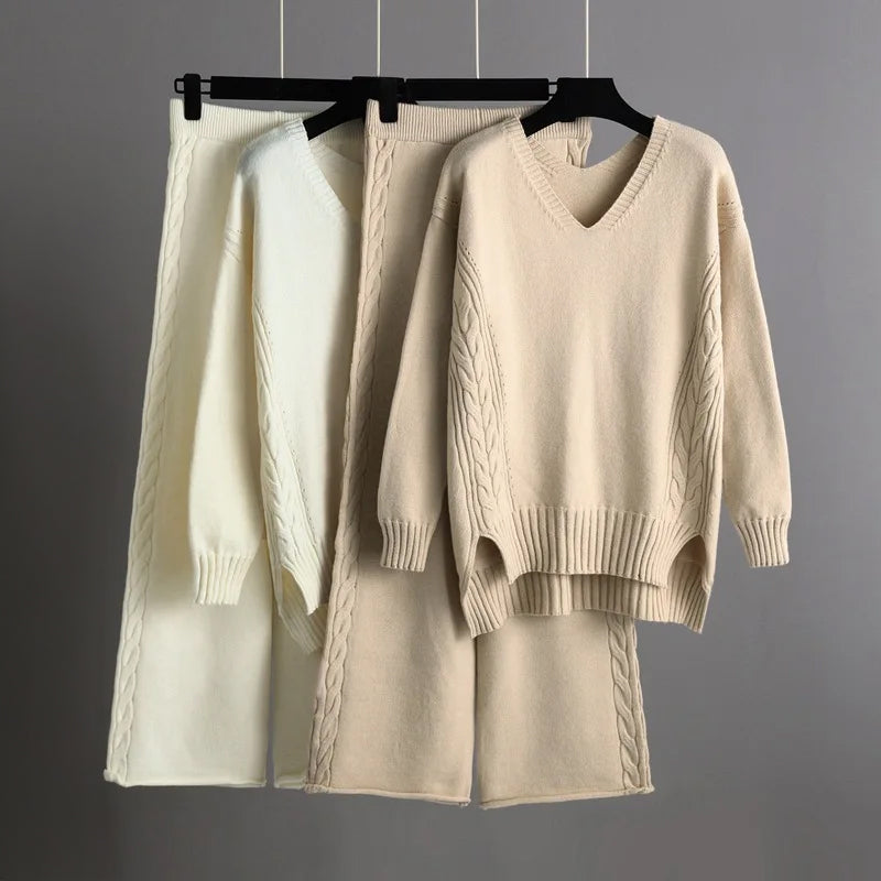 Women's V-neck knit sweater and wide-leg pants set
