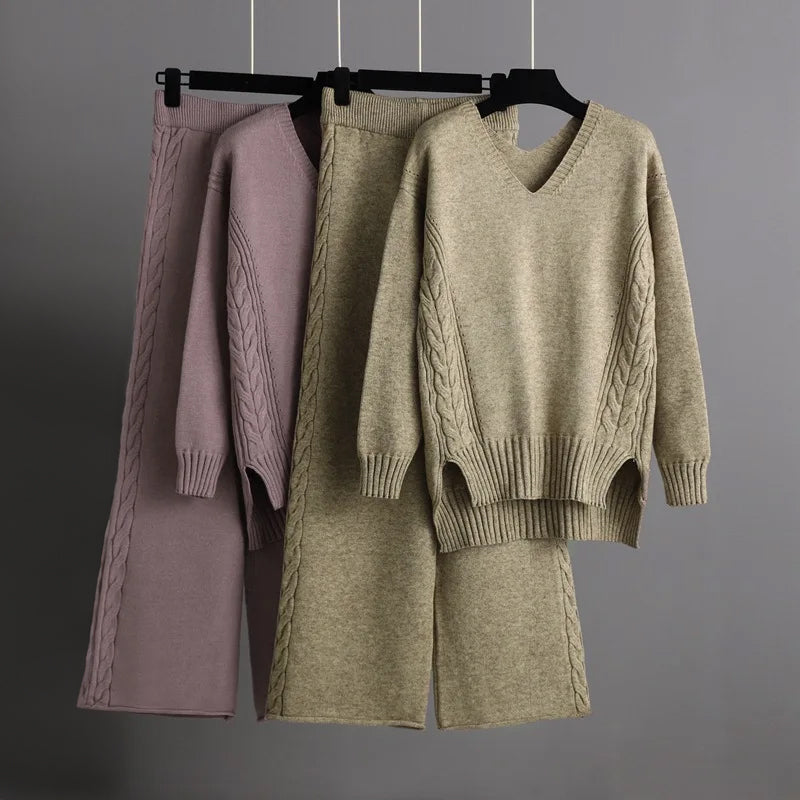 Women's V-neck knit sweater and wide-leg pants set