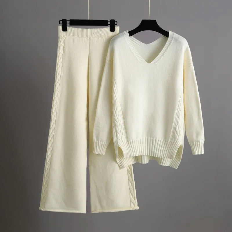 Women's V-neck knit sweater and wide-leg pants set