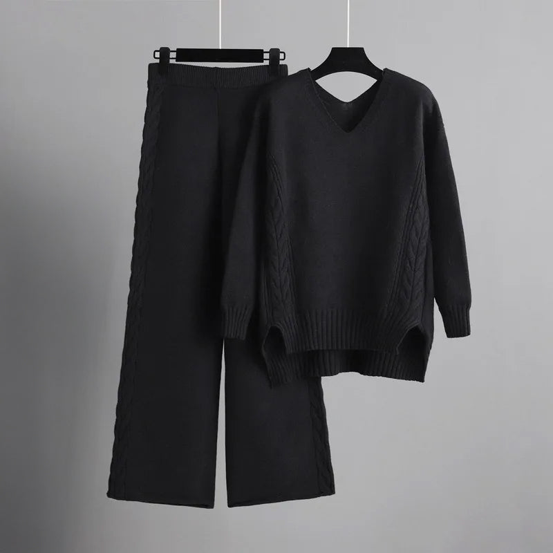 Women's V-neck knit sweater and wide-leg pants set