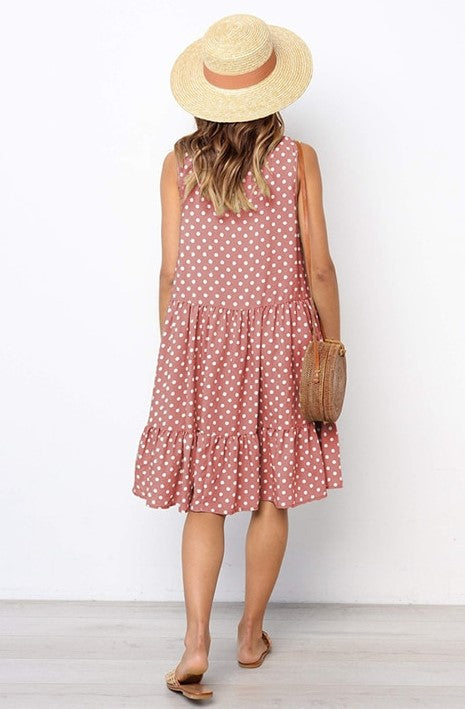 Women's Polka Dot Dress - Sleeveless A-Line - Ruffled Hem - Casual Loose Fit
