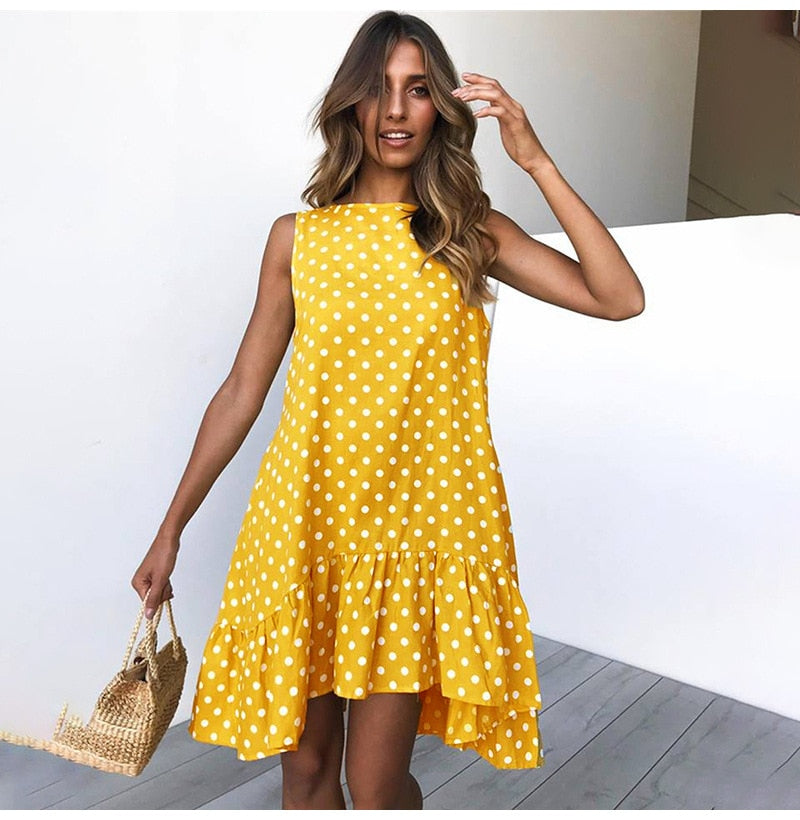 Women's Polka Dot Dress - Sleeveless A-Line - Ruffled Hem - Casual Loose Fit