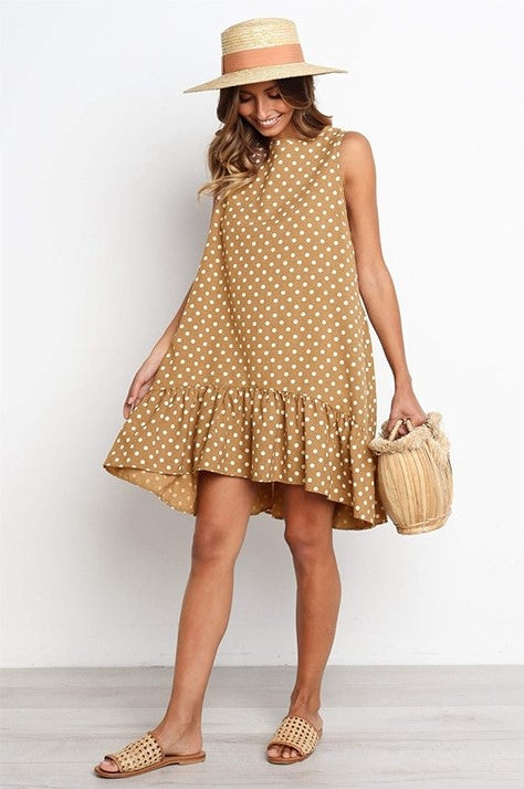 Women's Polka Dot Dress - Sleeveless A-Line - Ruffled Hem - Casual Loose Fit