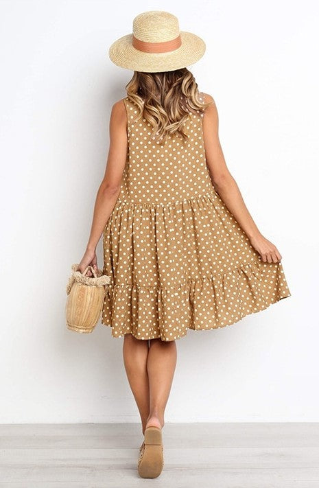 Women's Polka Dot Dress - Sleeveless A-Line - Ruffled Hem - Casual Loose Fit