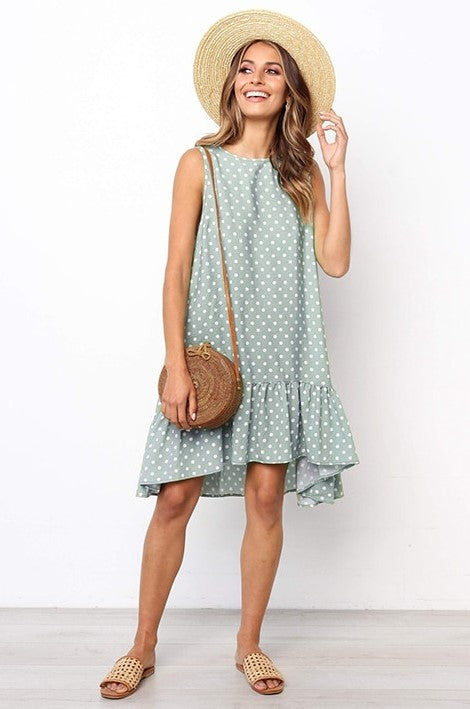 Women's Polka Dot Dress - Sleeveless A-Line - Ruffled Hem - Casual Loose Fit