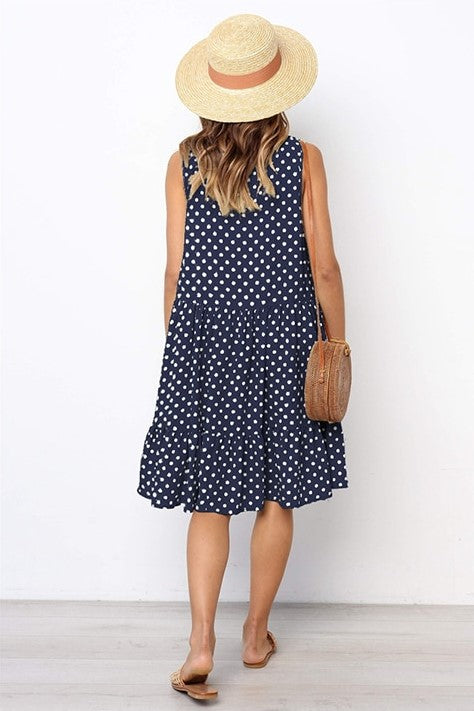 Women's Polka Dot Dress - Sleeveless A-Line - Ruffled Hem - Casual Loose Fit