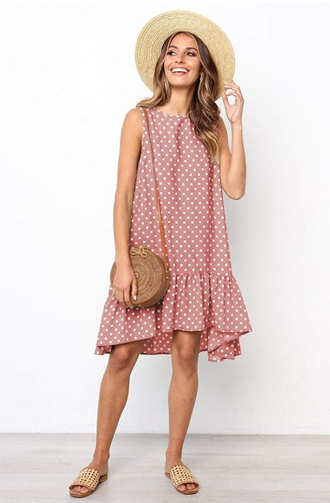 Women's Polka Dot Dress - Sleeveless A-Line - Ruffled Hem - Casual Loose Fit