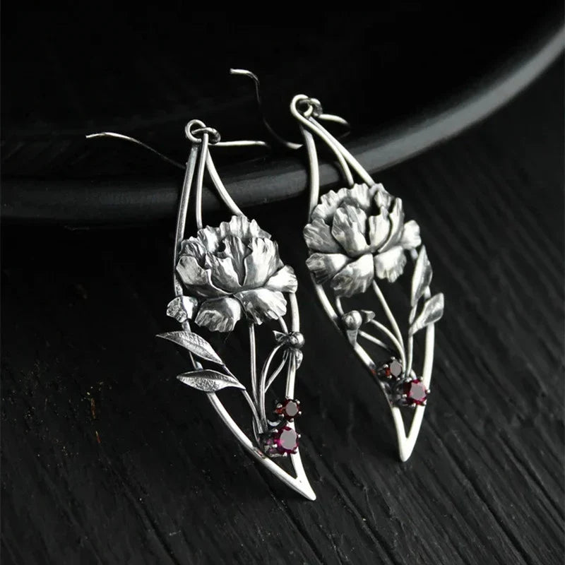 Women's Earrings - Sterling Silver Floral Design - Gemstone Accents - Elegant Drop Style