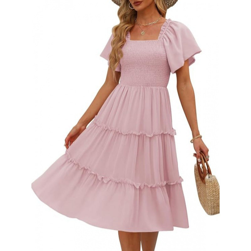 Women's Midi Dress - Square Neck - Smocked Bodice - Tiered Flowy Short Sleeve