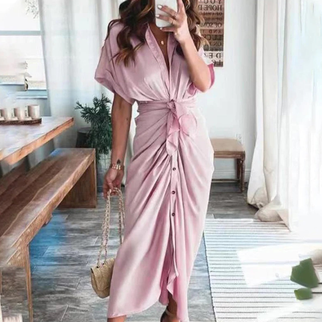 Women's Midi Wrap Dress - Button Down - Waist Tie - Short Sleeve Flowy Fit