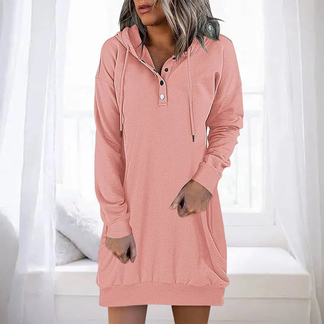 Women's Hoodie Dress - Soft Cotton Blend - Henley Neck - Long Sleeve Casual Fit
