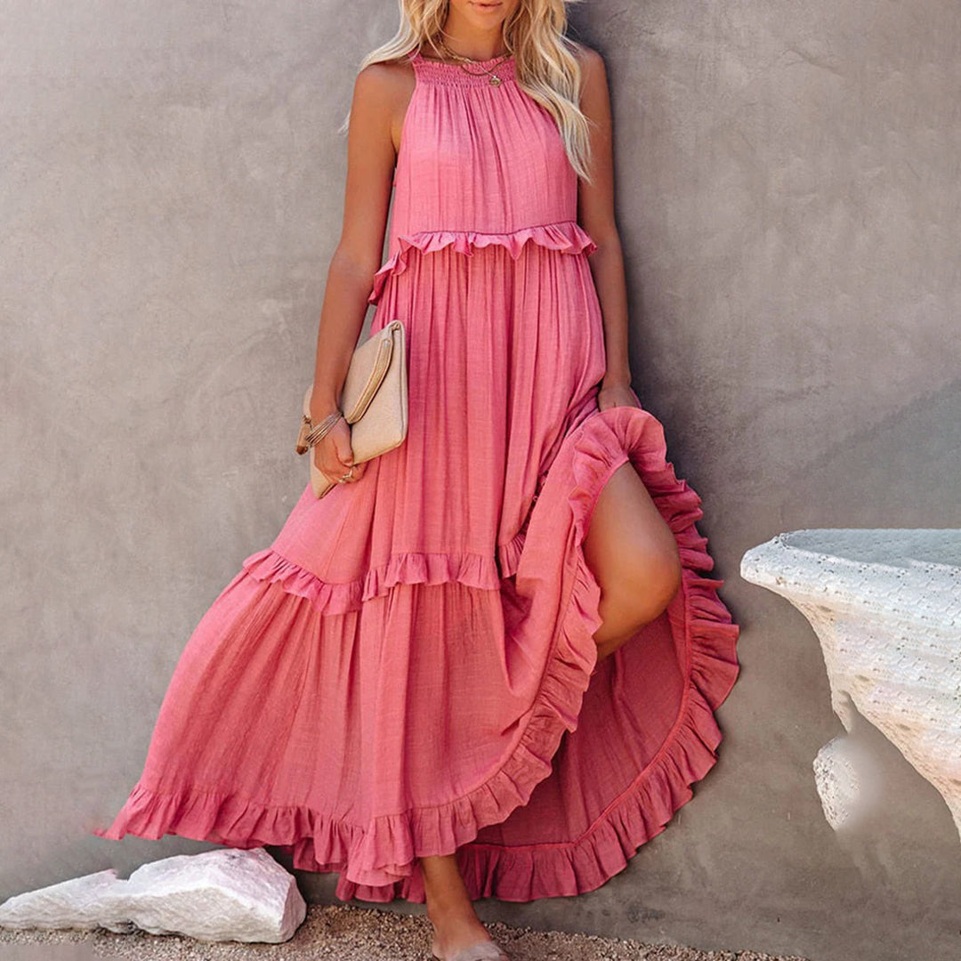 Women's Maxi Dress - Halter Neck - Flowy Fit - Ruffle Trim Elegant Full-Length