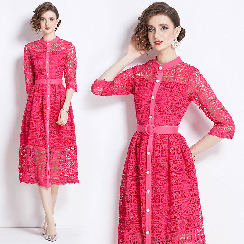 Women's Lace Shirt Dress - Button Down - Three-Quarter Sleeve - Belted Waist