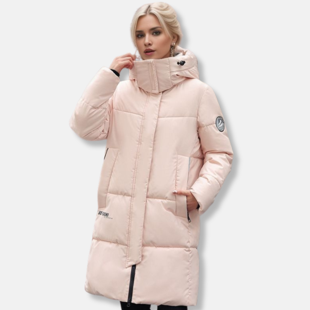 Women’s Puffer Coat - Woven - Mid-Thigh Length - High Collar Hood