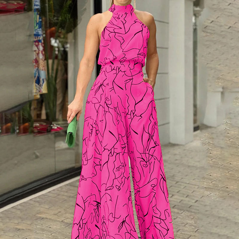 Women's Halter Neck Jumpsuit - Wide Leg - Abstract Print - Elegant Flowy Fit