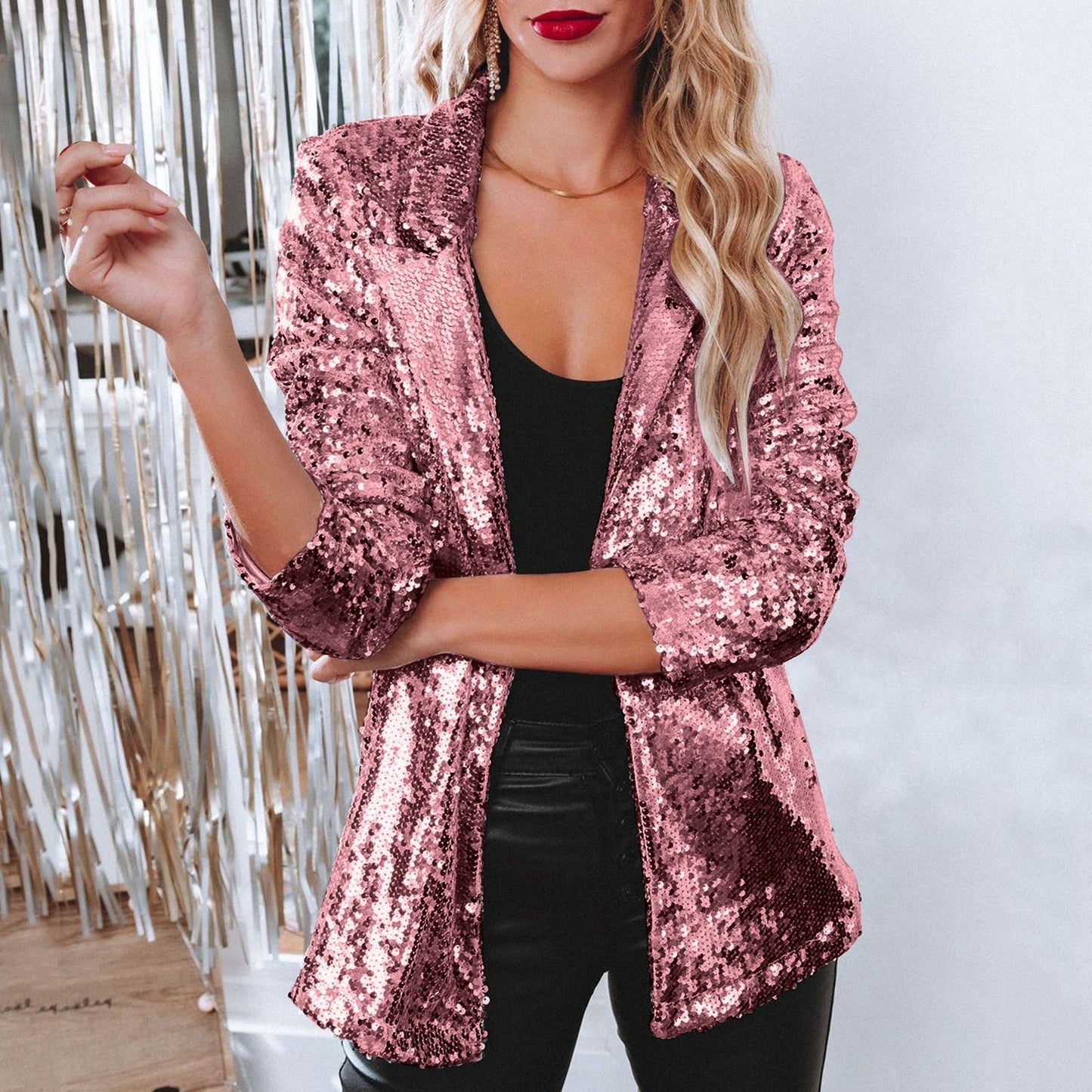 Sequin blazer with lapel collar for women