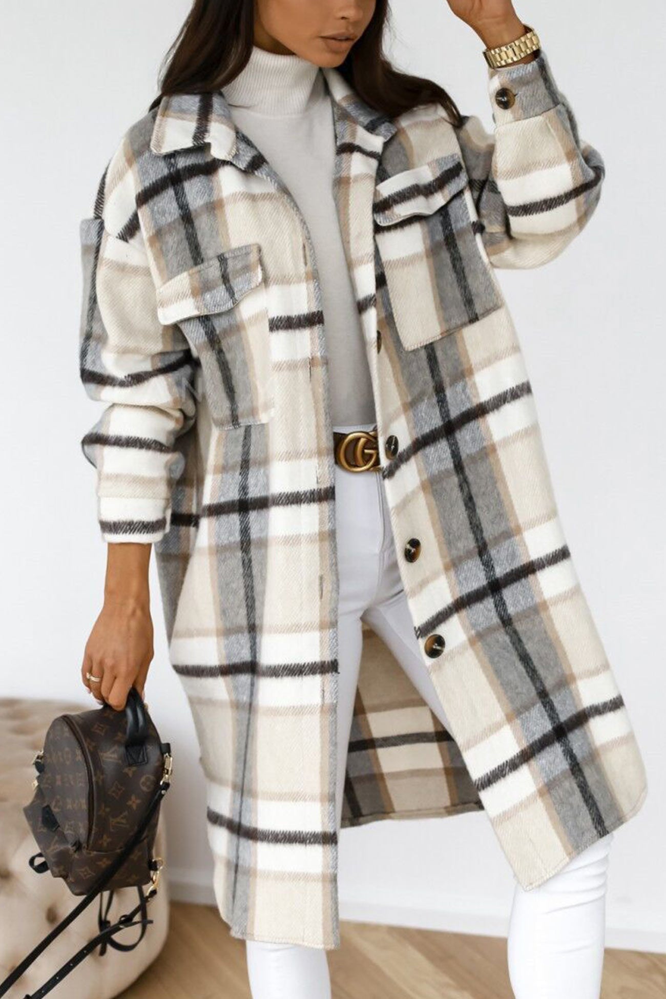Women's plaid single-breasted midi shacket