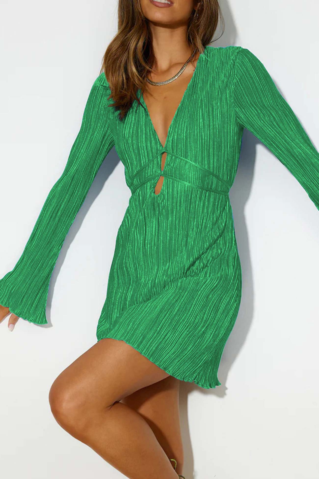 Women's Mini Dress - Pleated Texture - V-Neck Tie Detail - Long Sleeve Chic Fit