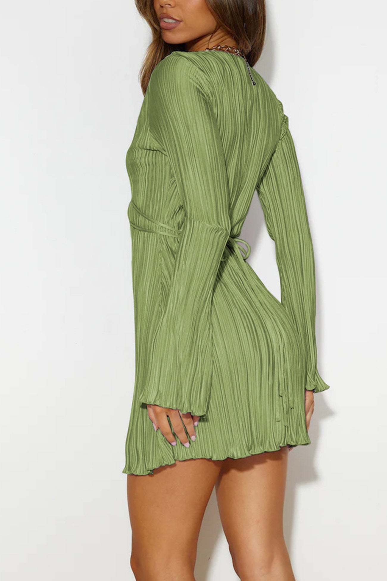 Women's Mini Dress - Pleated Texture - V-Neck Tie Detail - Long Sleeve Chic Fit