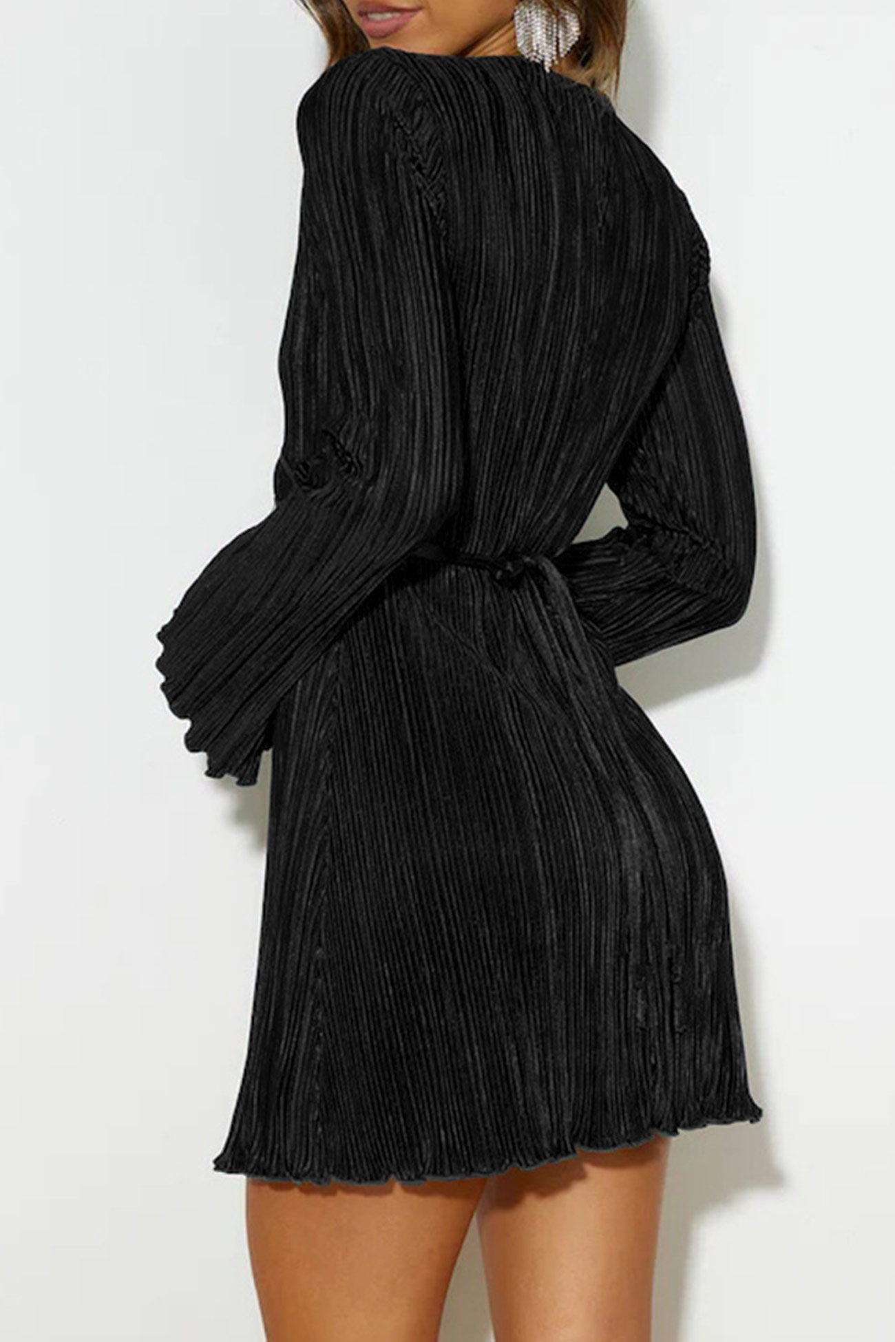 Women's Mini Dress - Pleated Texture - V-Neck Tie Detail - Long Sleeve Chic Fit