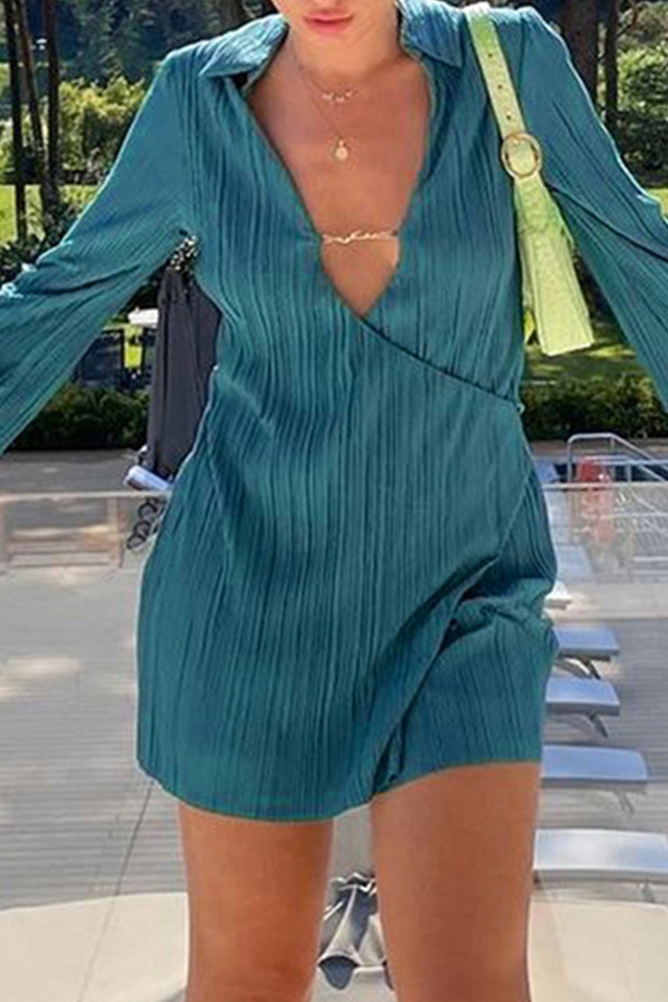 Women's Mini Dress - Pleated V-Neck - Long Sleeve Flowy A-Line Elegant Fit