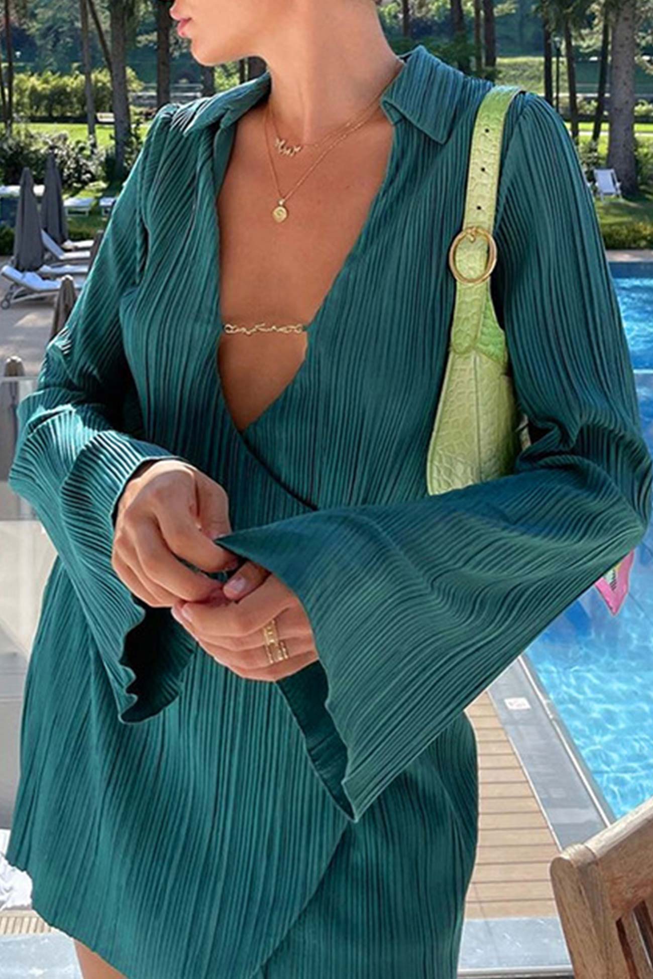 Women's Mini Dress - Pleated V-Neck - Long Sleeve Flowy A-Line Elegant Fit