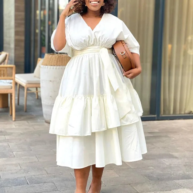 Flowing Tiered Cinched Waist Midi Dress