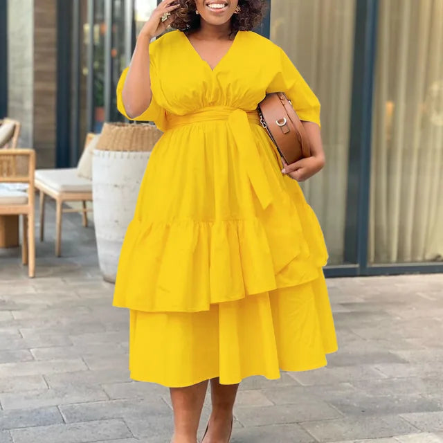 Flowing Tiered Cinched Waist Midi Dress