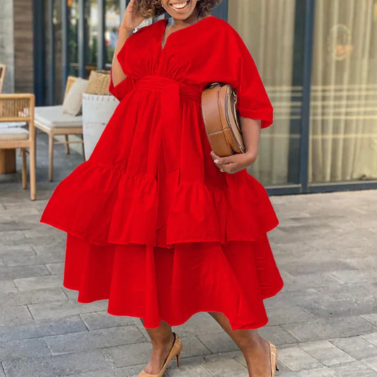 Flowing Tiered Cinched Waist Midi Dress