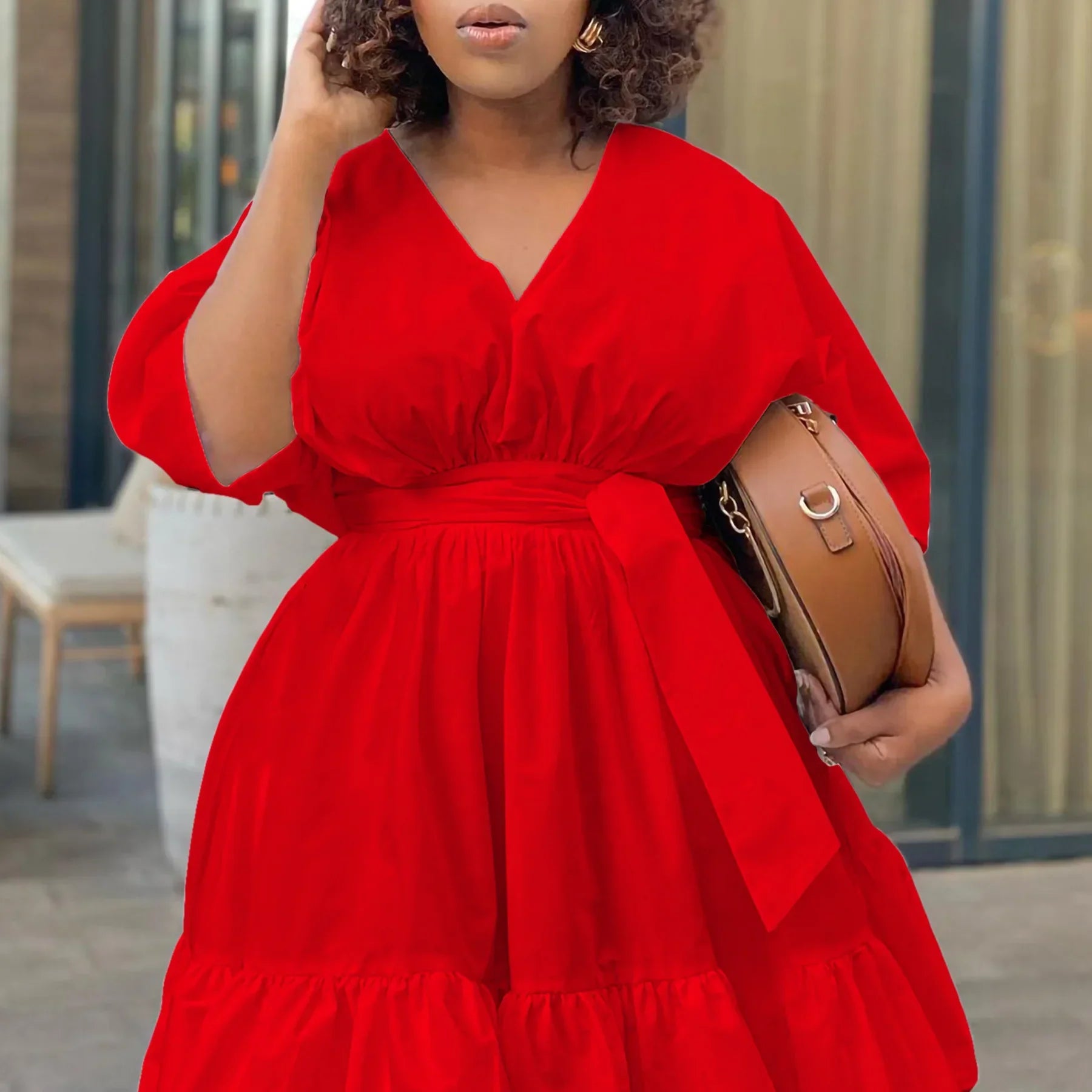 Flowing Tiered Cinched Waist Midi Dress