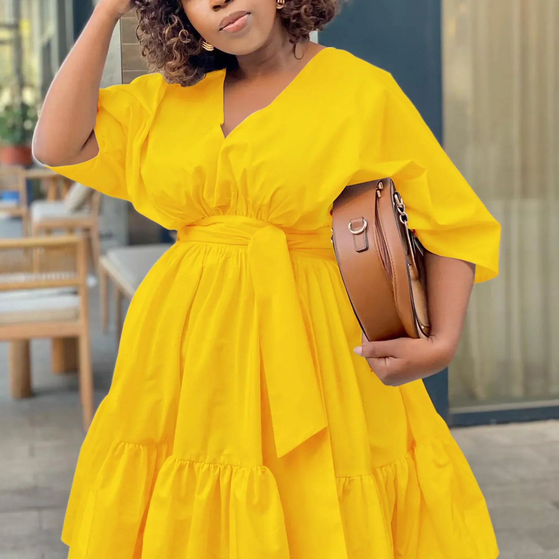 Flowing Tiered Cinched Waist Midi Dress