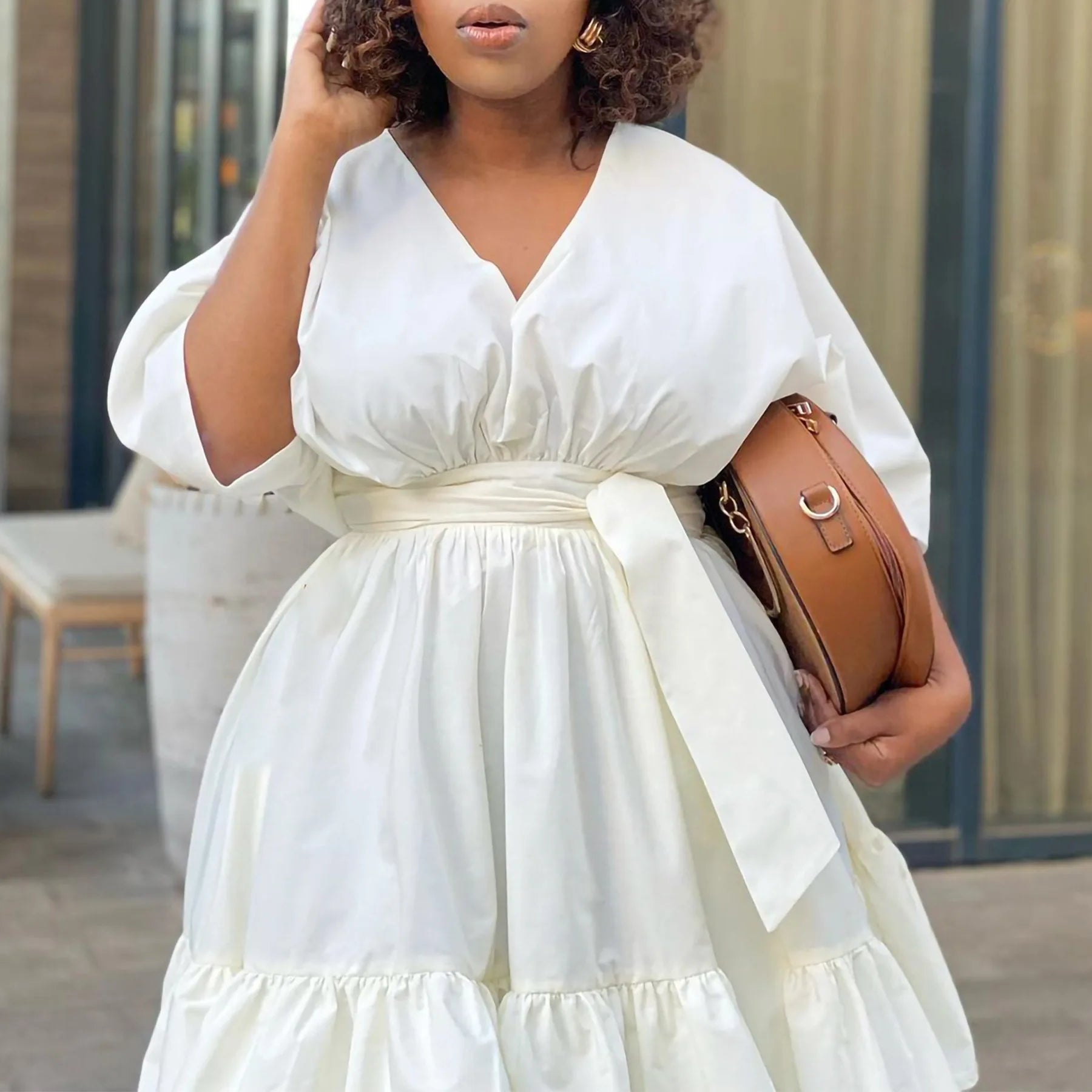 Flowing Tiered Cinched Waist Midi Dress