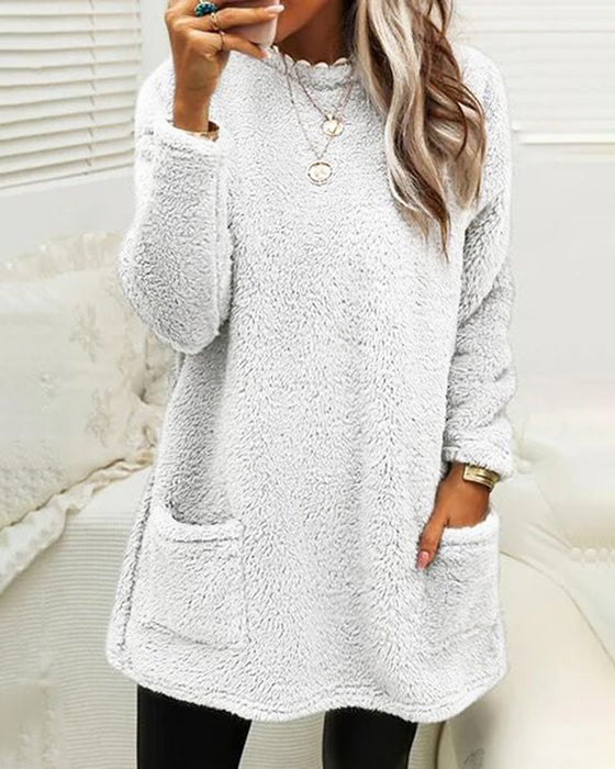 Casual Round Neck Sweater With Pockets
