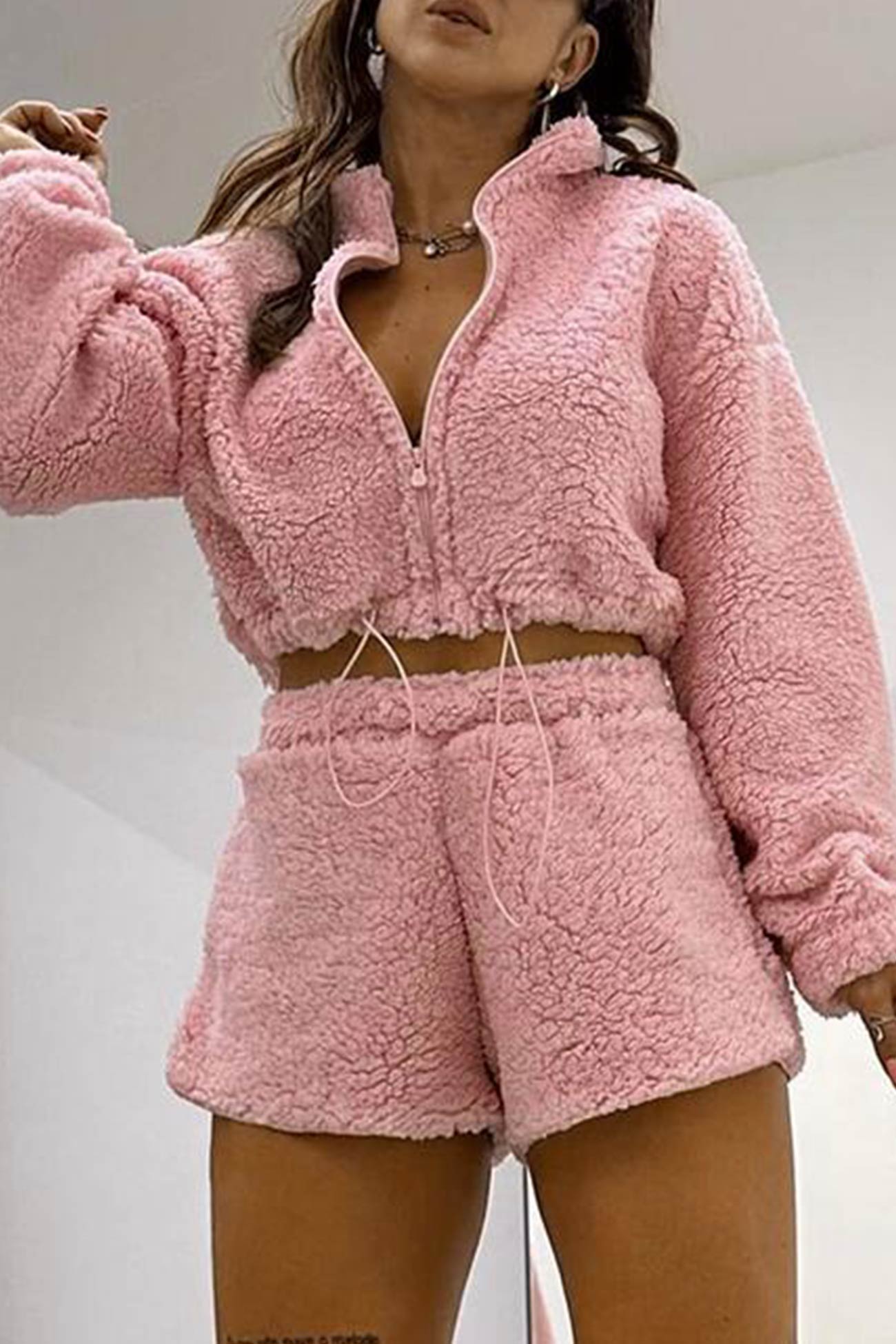 Women's plush drawstring crop hoodie and shorts set