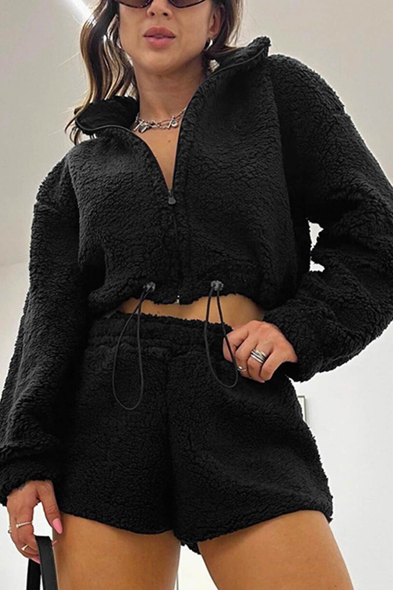 Women's plush drawstring crop hoodie and shorts set