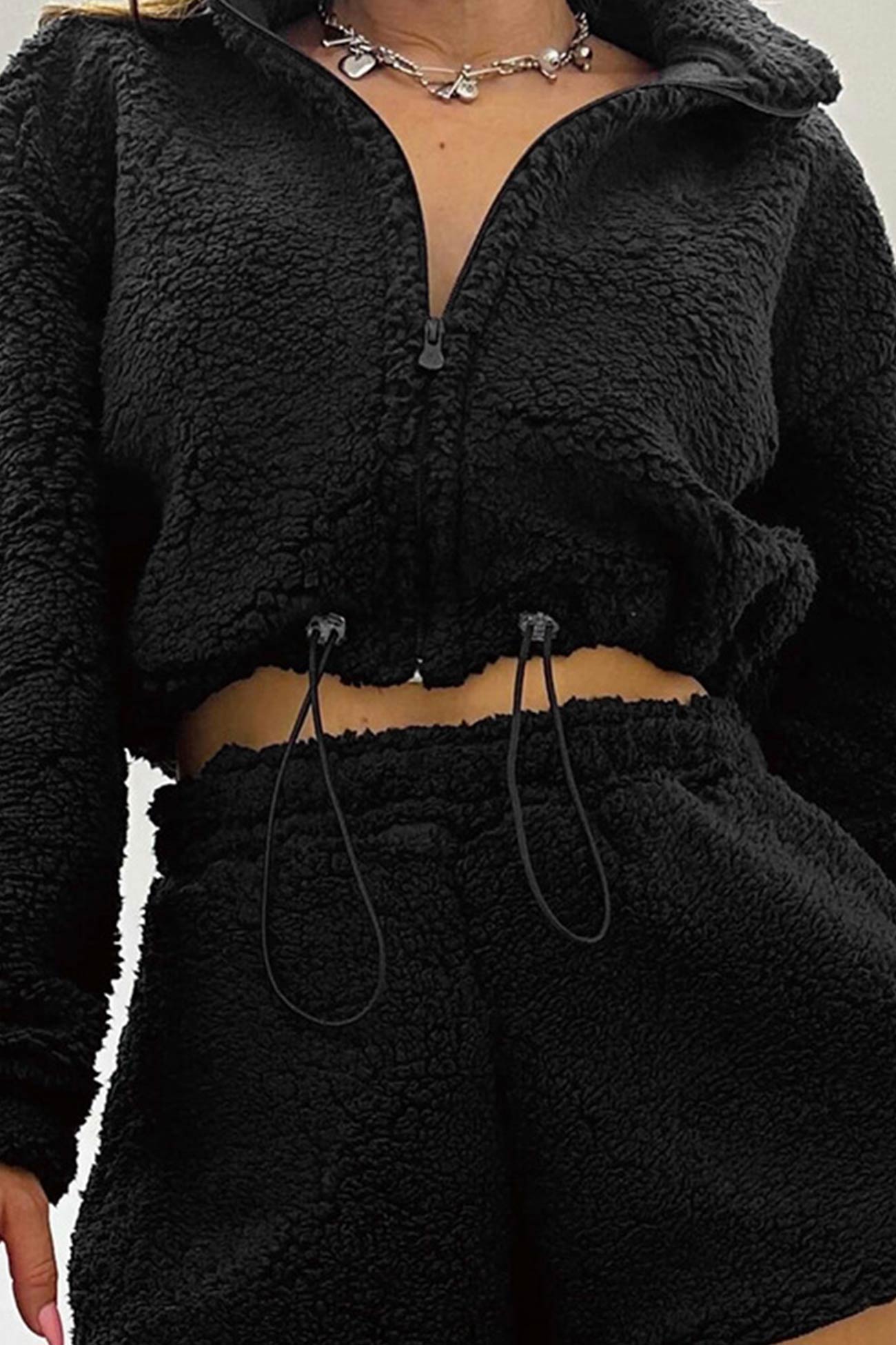 Women's plush drawstring crop hoodie and shorts set