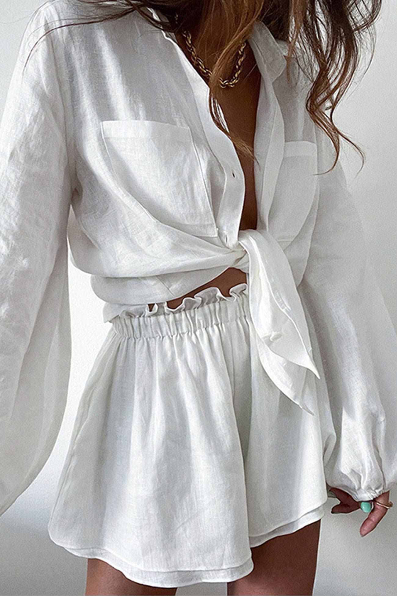 Liyana -pocketed solid color shirt and ruffle waist shorts set
