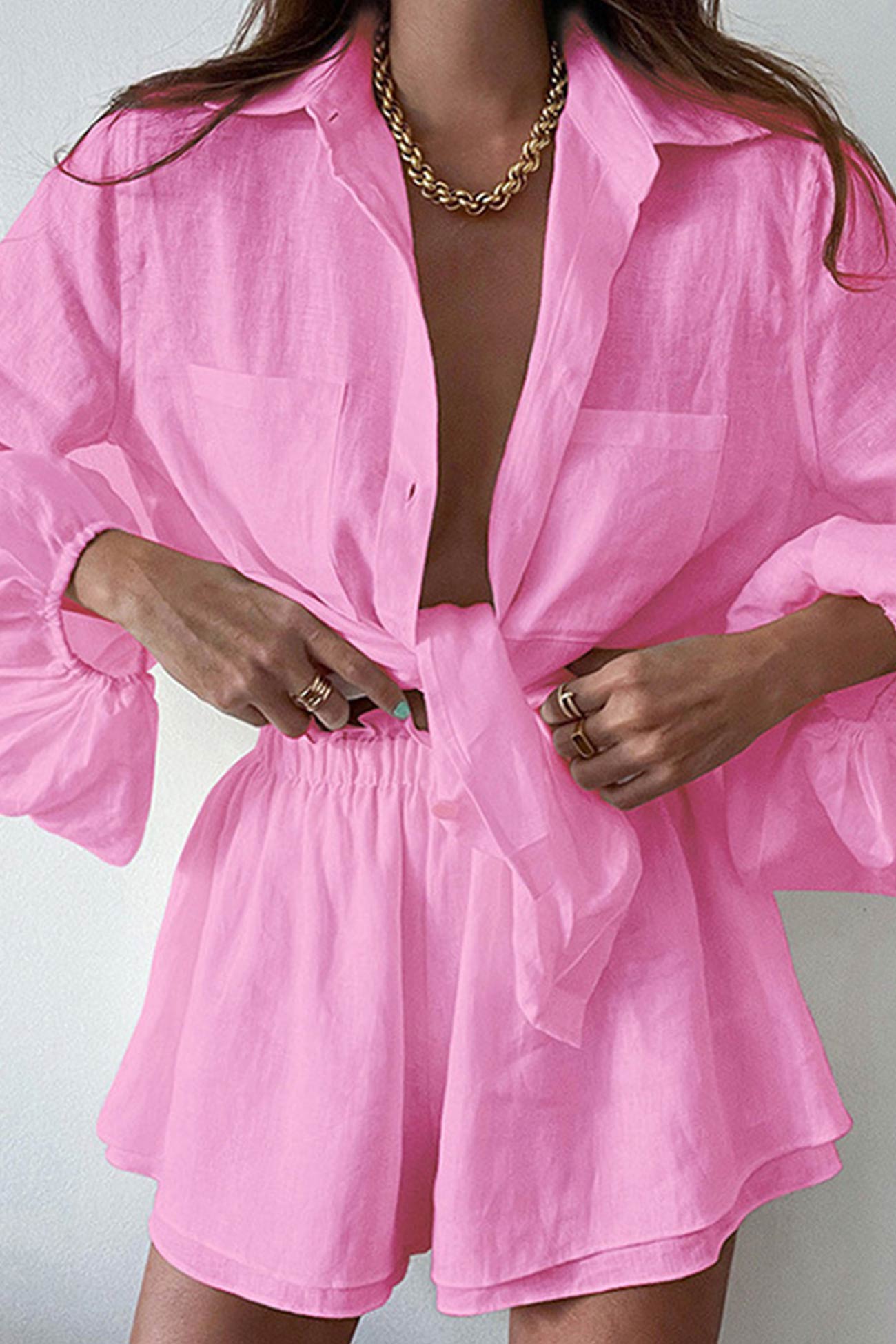 Liyana -pocketed solid color shirt and ruffle waist shorts set