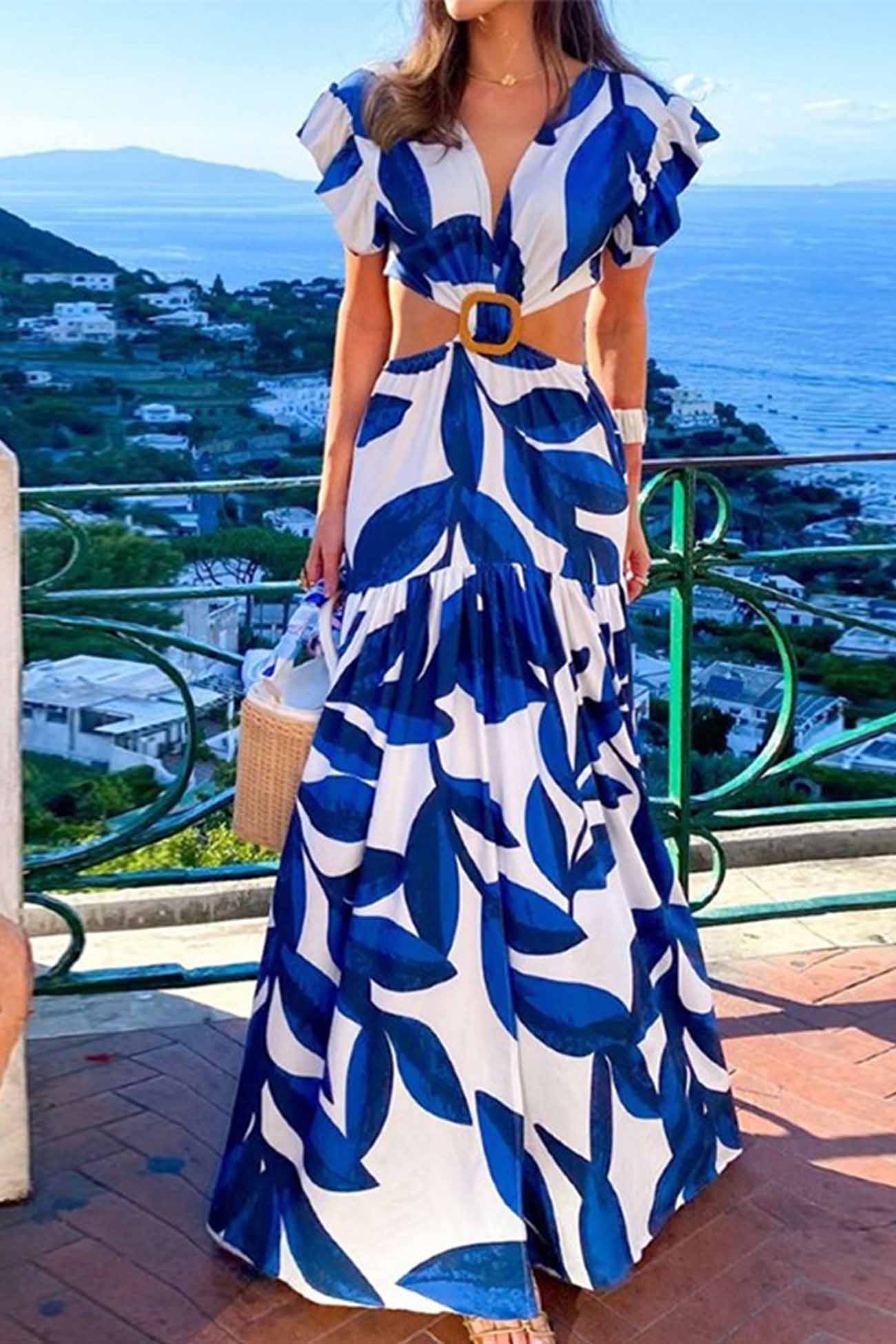 Women's Maxi Dress - V-Neckline - Ruffled Short Sleeves - Cut-Out Waist - Belted Flowing Fit