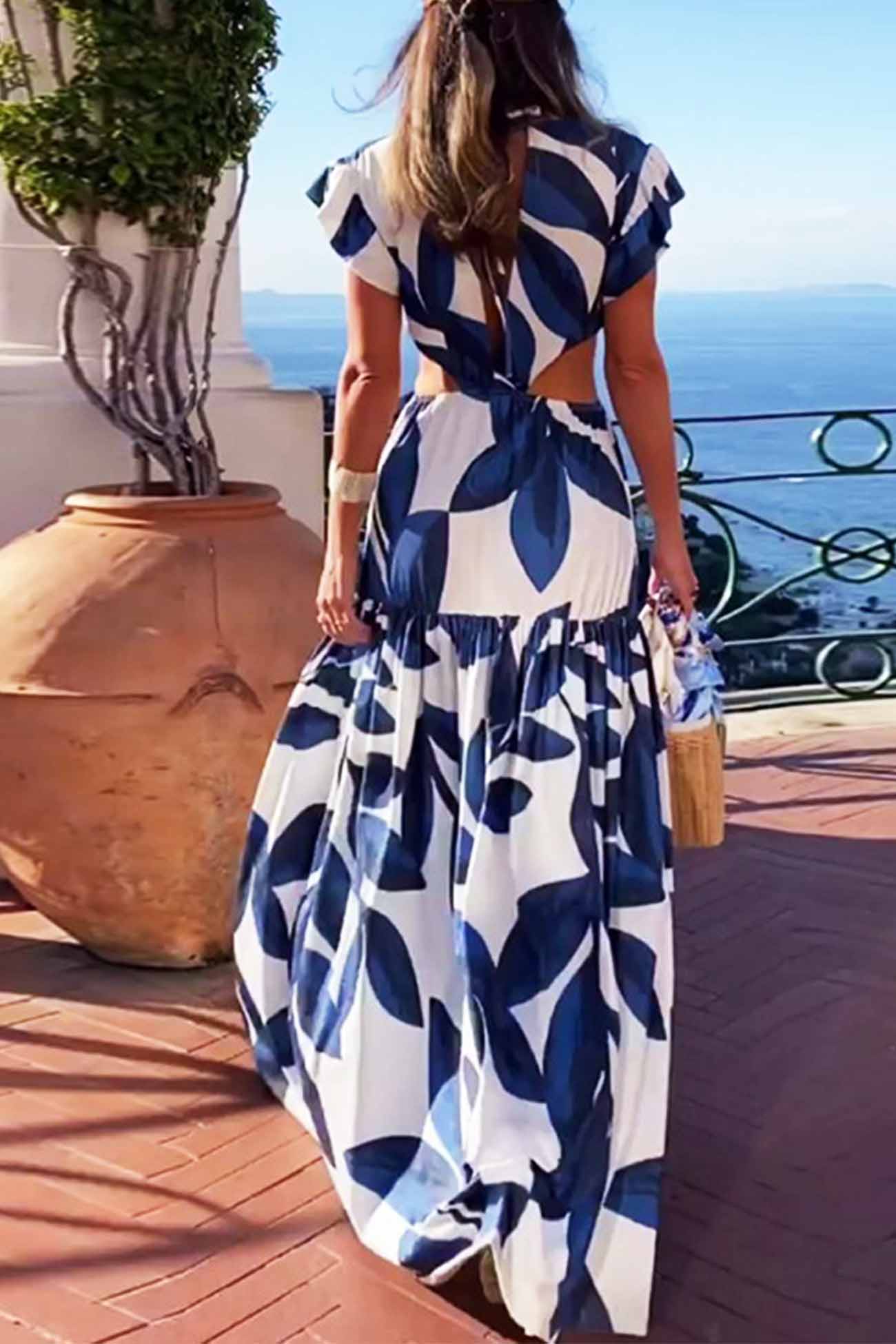 Women's Maxi Dress - V-Neckline - Ruffled Short Sleeves - Cut-Out Waist - Belted Flowing Fit