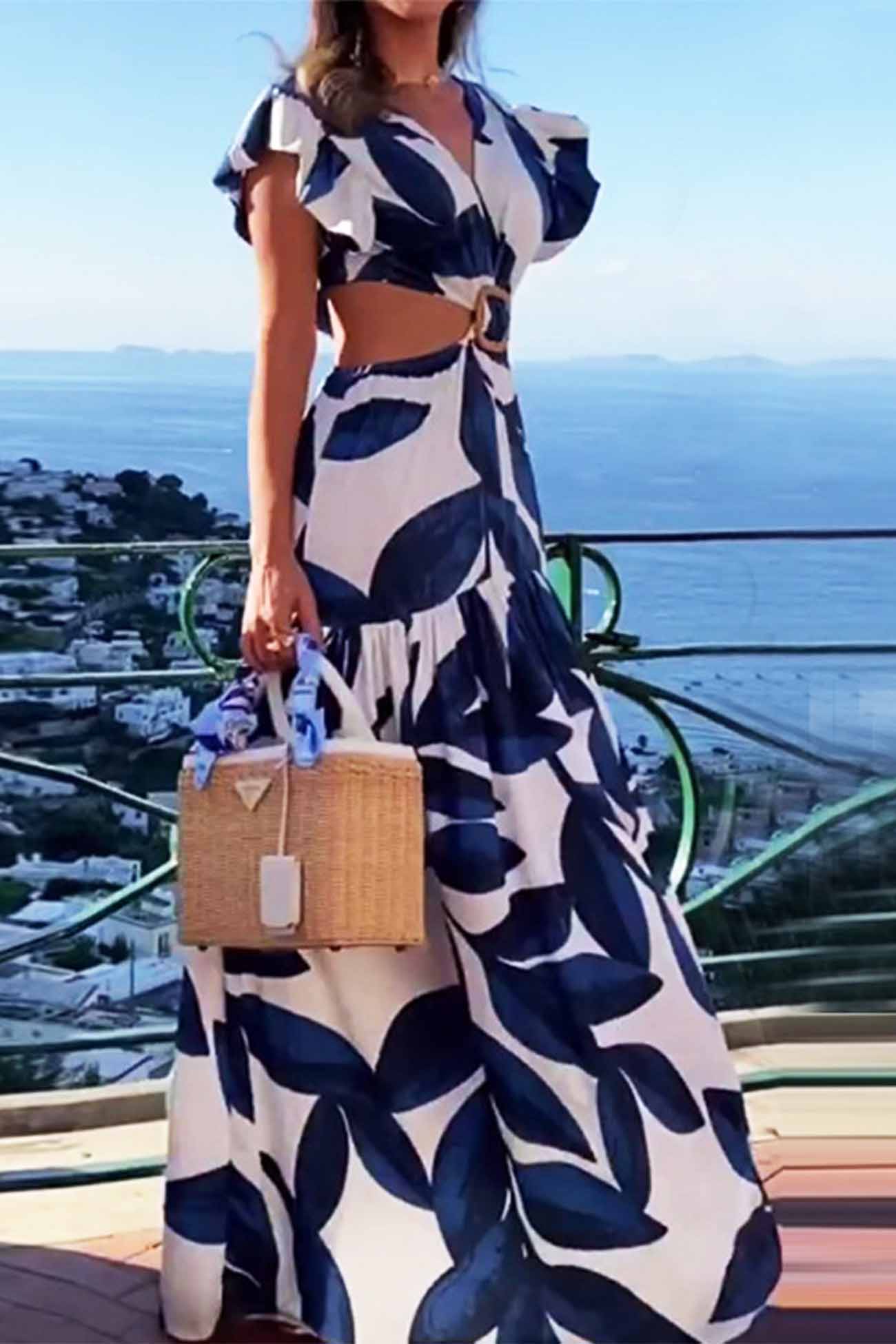 Women's Maxi Dress - V-Neckline - Ruffled Short Sleeves - Cut-Out Waist - Belted Flowing Fit
