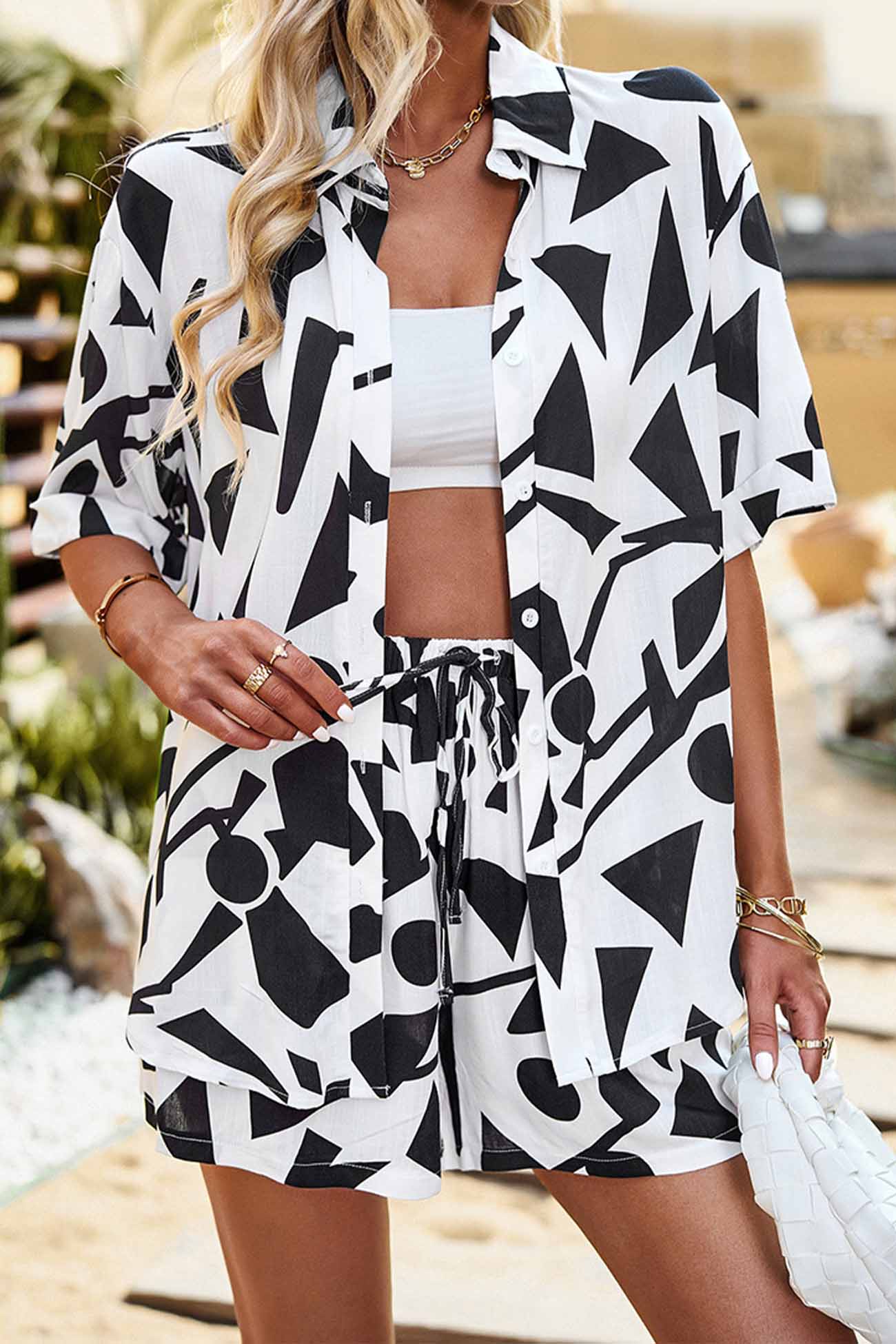 Lucille - geometry printed collar down shirt drawstring shorts set