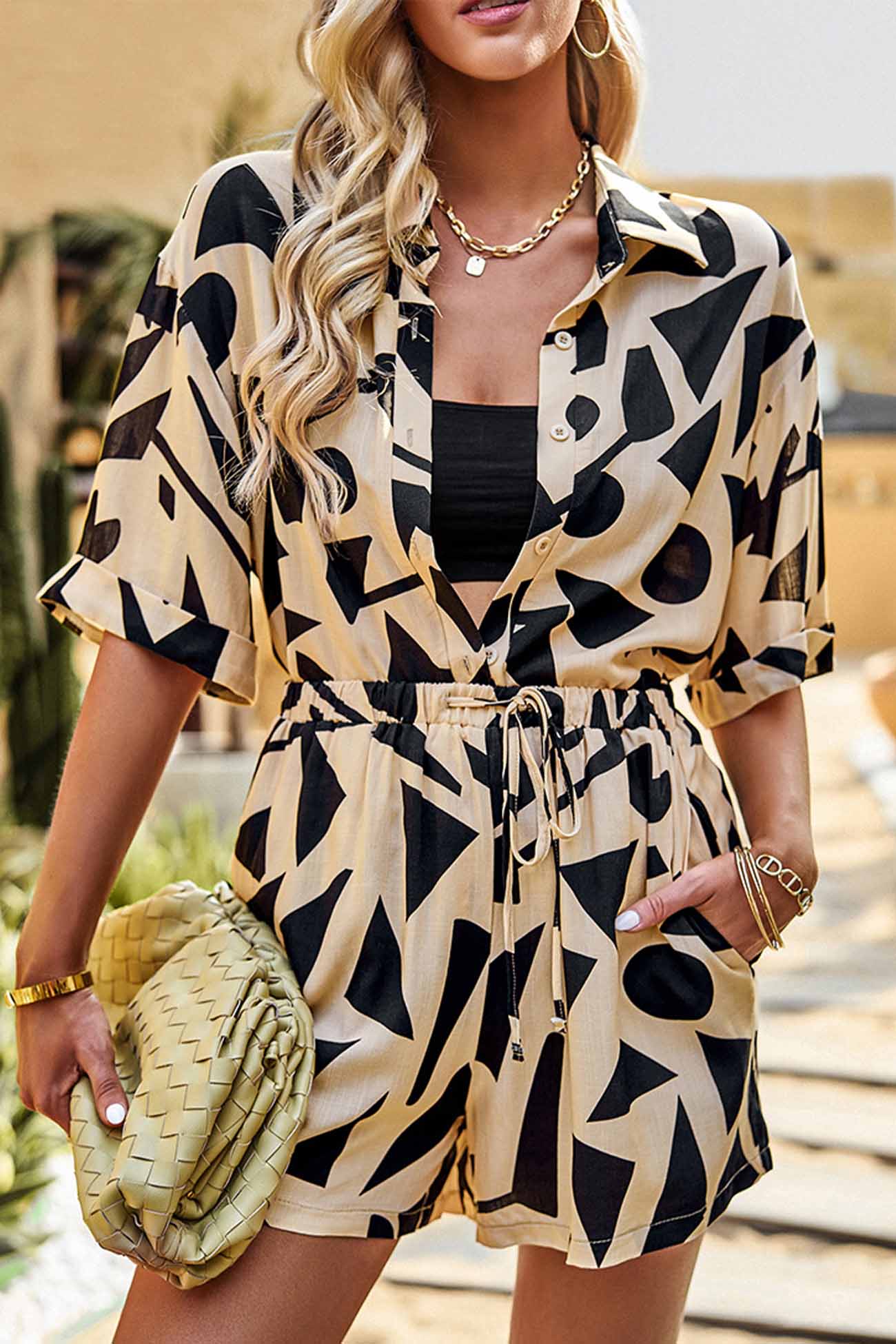 Lucille - geometry printed collar down shirt drawstring shorts set