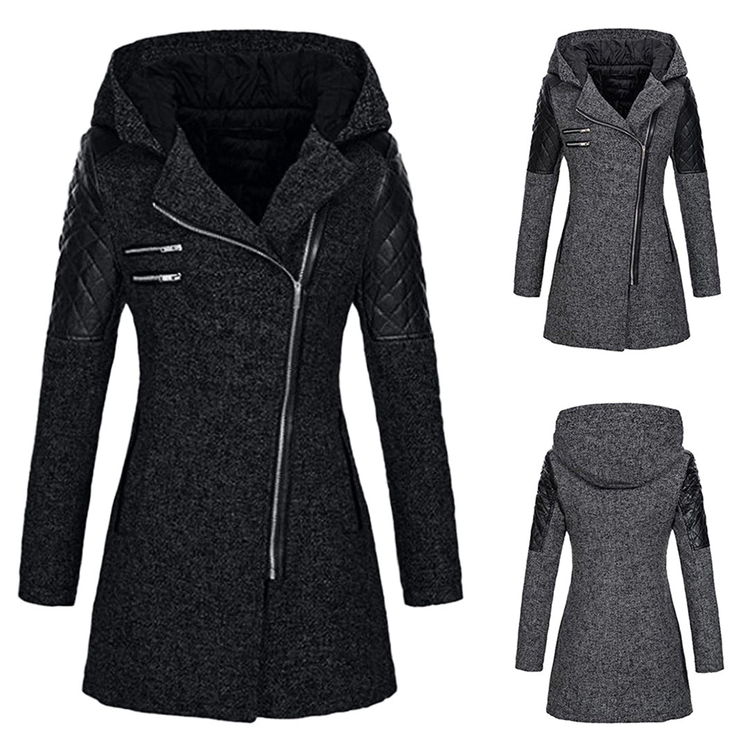 Winter mid-length hooded thick coat for women with oblique zipper