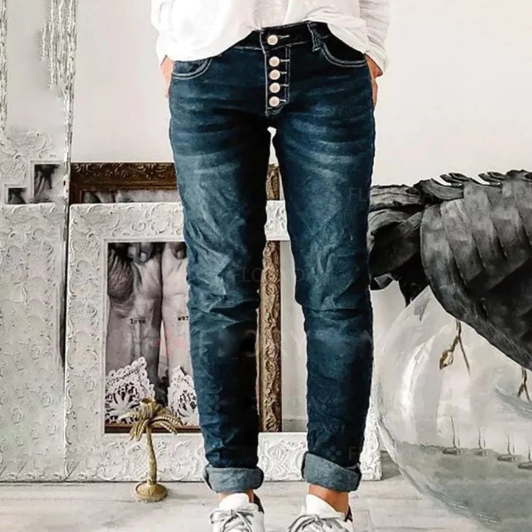 Women's Jeans - Tapered Fit - Button-Fly Closure - Five-Pocket Casual Denim