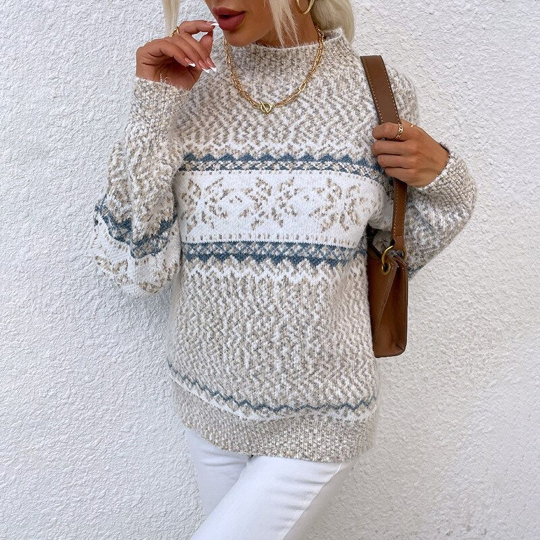 Women’s Pullover Sweatshirt – Relaxed Fit – Wool Knitted – Nordic Pattern – Ribbed Hem