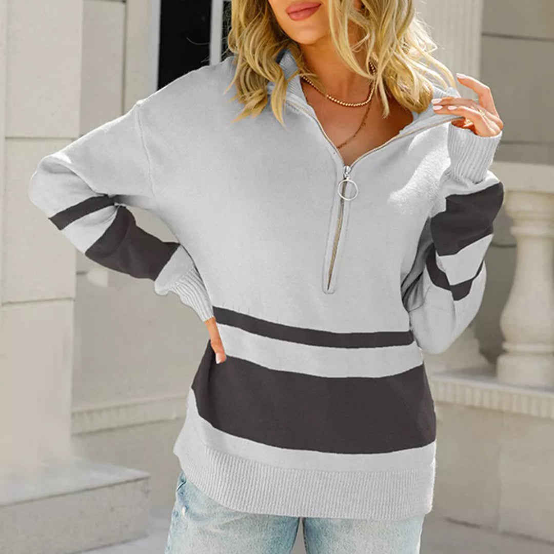 Women's Pullover Sweater - Half Zip - Ribbed Collar - Striped Knit Casual Wear