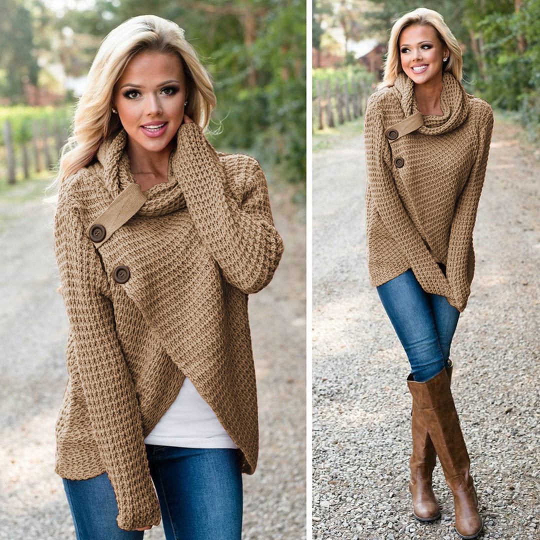 Women's knit button high lapel long sleeve sweater